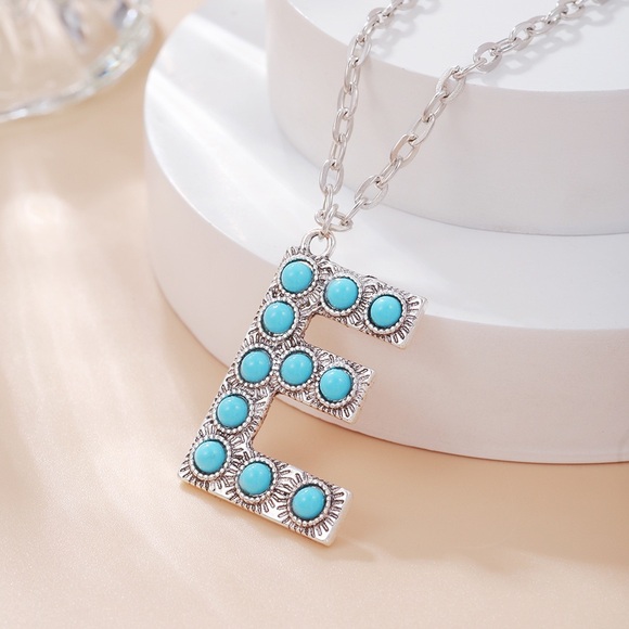 🎁New Alphabet Letter Name Initial Western Turquoise Faux Stone Silver Boho gift - Picture 9 of 11